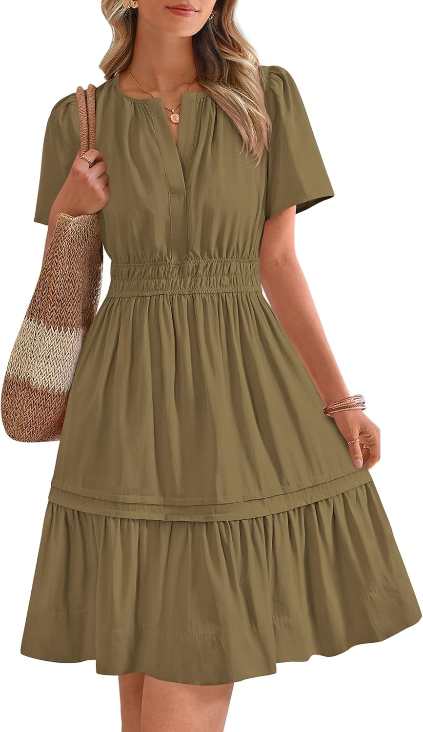 Women's Casual V Neck  Sundress Smocked Waist A Line Tiered Mini Dress