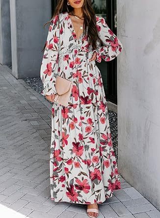 Womens Casual Floral Deep V Neck Dress-hivebabe.com