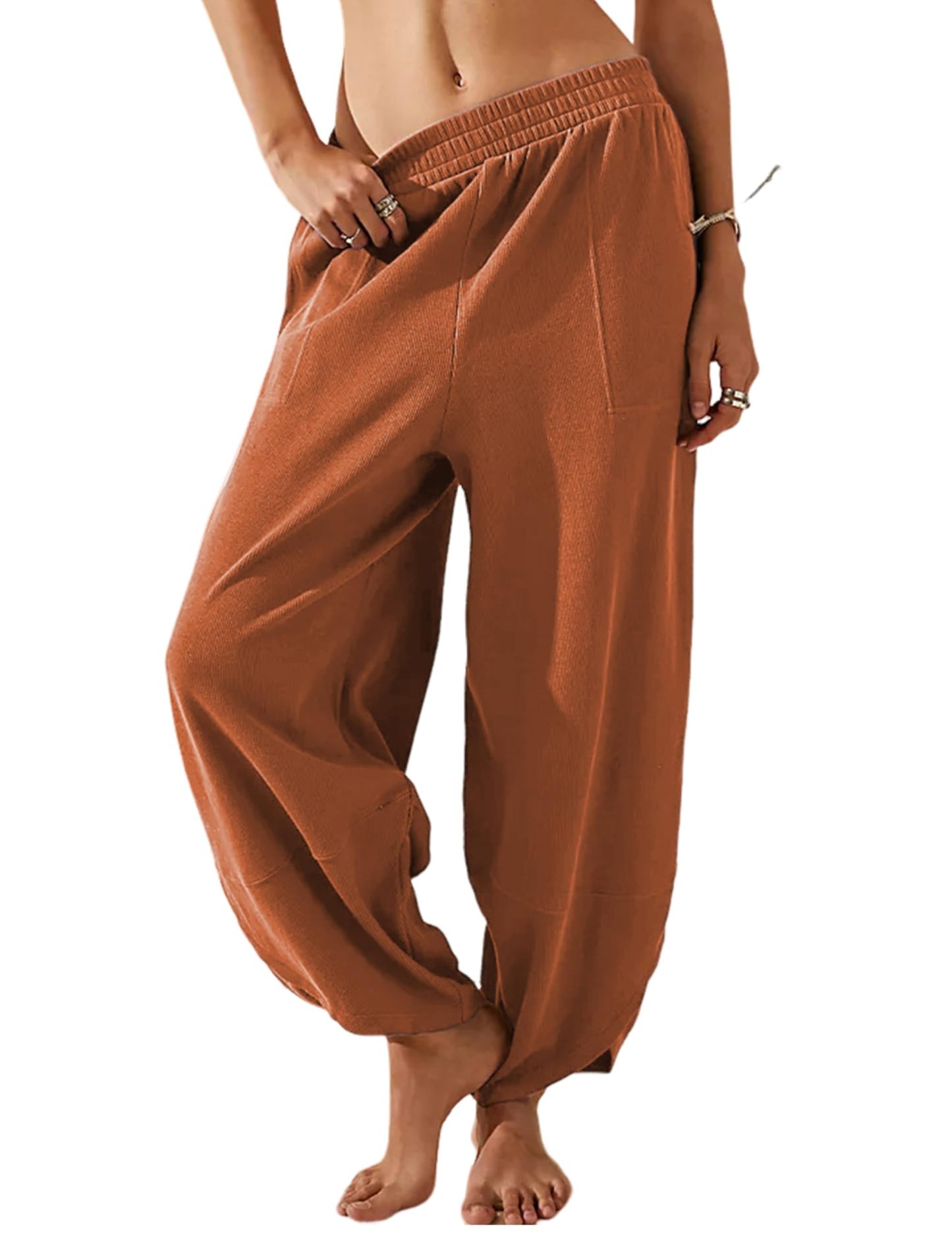 Womens Casual Elastic Waisted Baggy Wide Leg Pants
