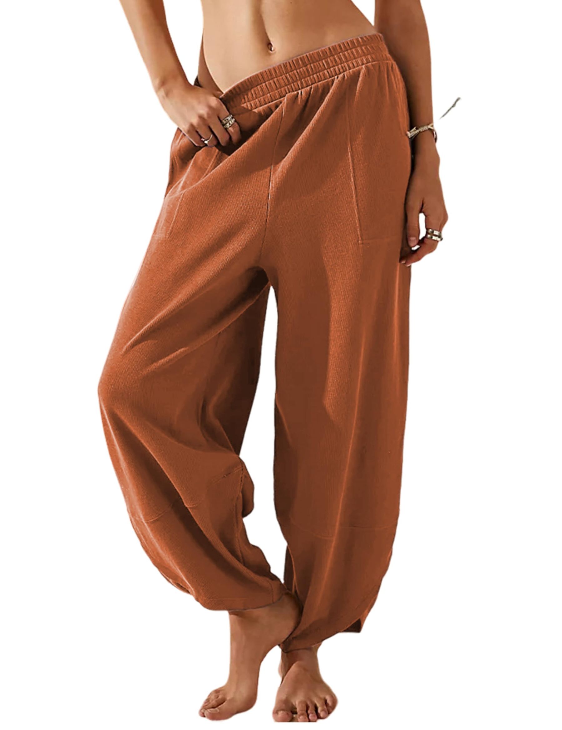 Womens Casual Elastic Waisted Baggy Wide Leg Pants