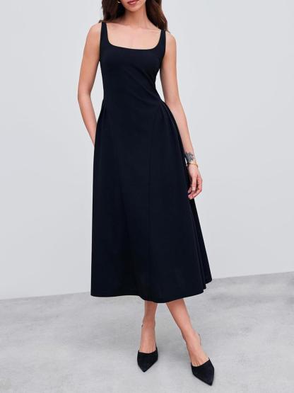 Woven Square Neck Solid Ruffle Midi Dress Curve