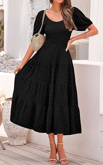 2024 🔥 Women's Puff Sleeve V Neck Maxi Dresses