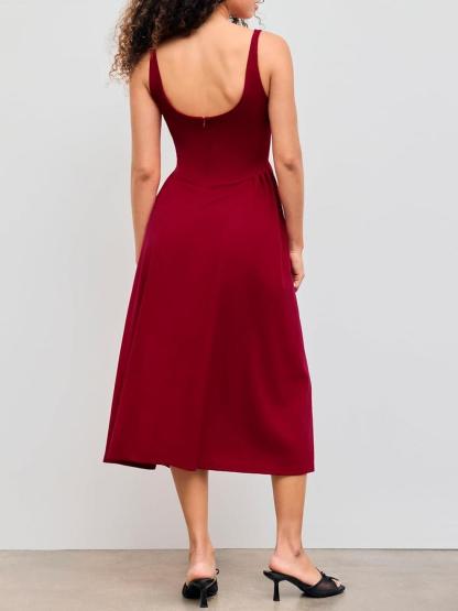 Woven Square Neck Solid Ruffle Midi Dress Curve