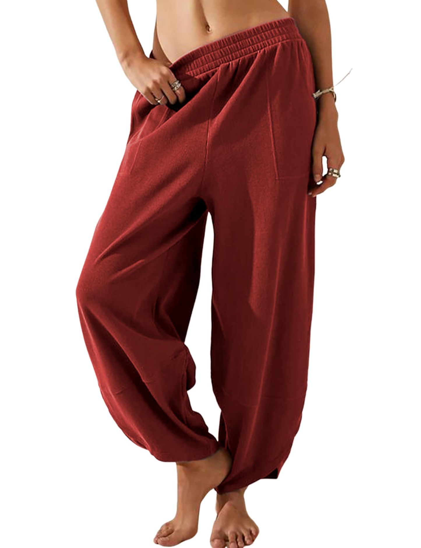 Womens Casual Elastic Waisted Baggy Wide Leg Pants