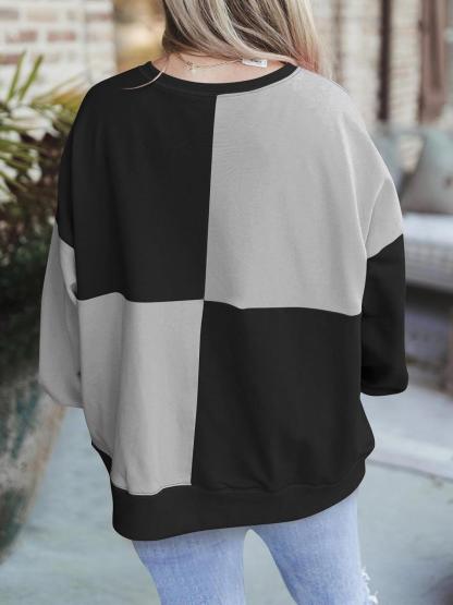 Women Color Block Round Neck Long Sleeve Plus Size Sweatshirt  