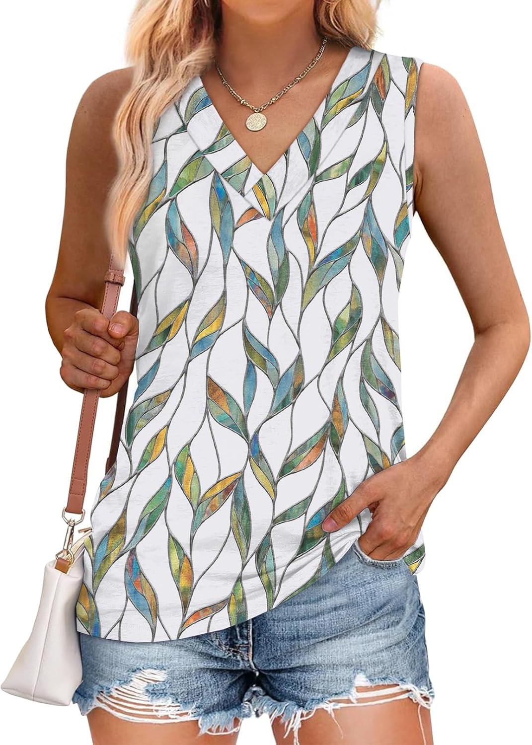 Women Summer Loose Fit V Neck T Shirts Trendy Sleeveless Basic Tank Tops