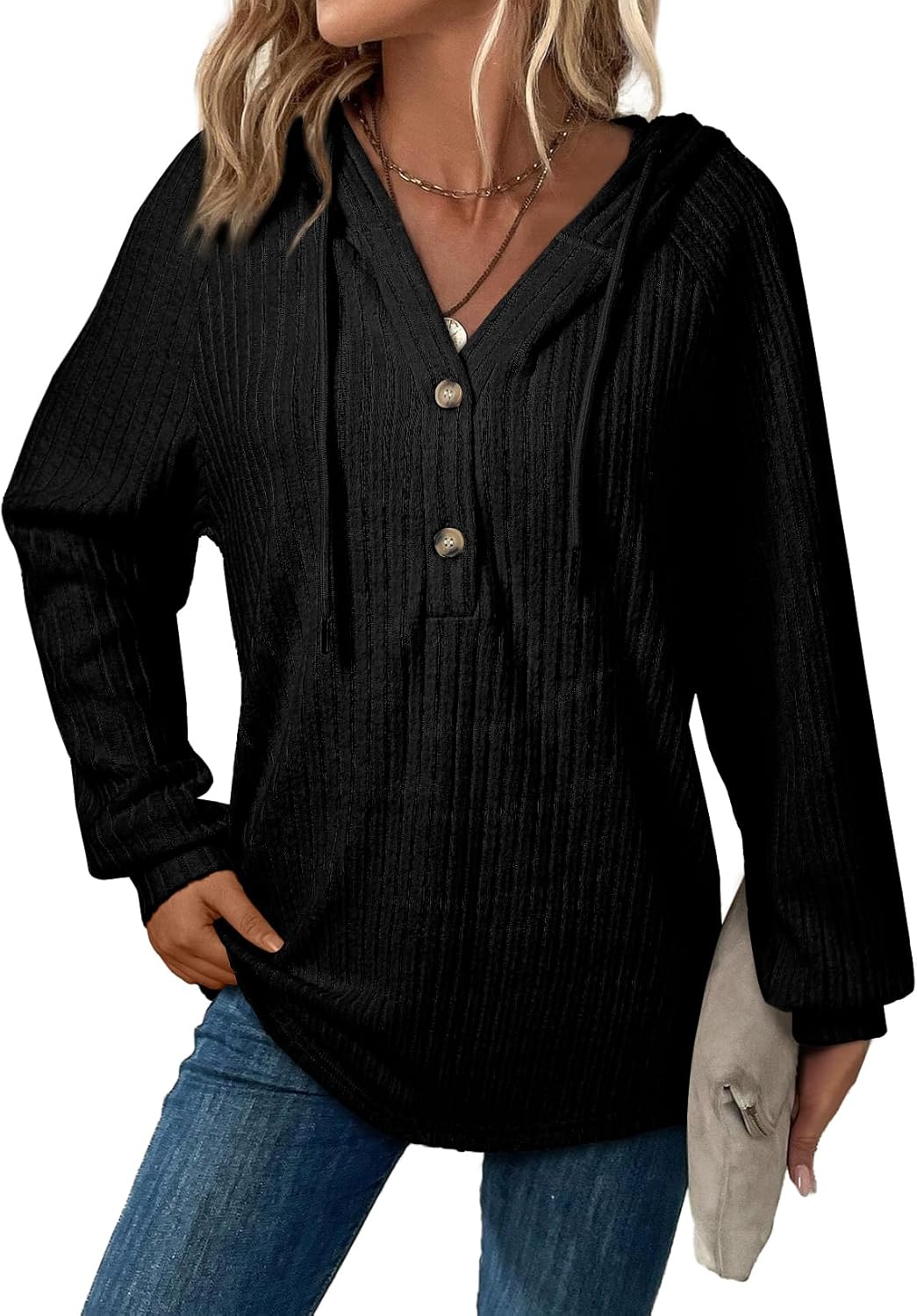 V Neck Hooded Lightweight Knit Sweater Tops (Buy 2 Free Shipping)