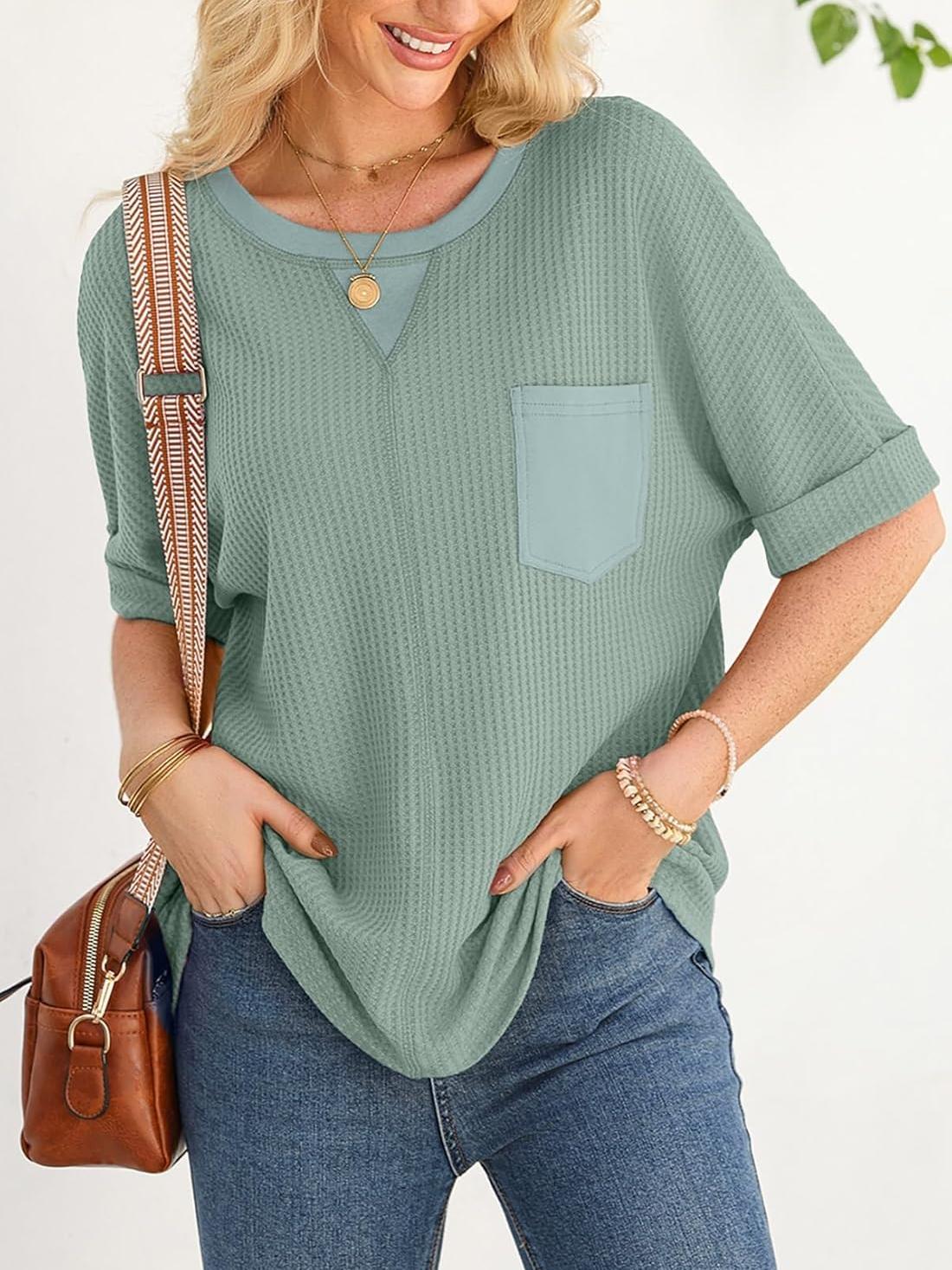 2025 Fashion Short Sleeve Crewneck Waffle Knit Oversized T-shirts