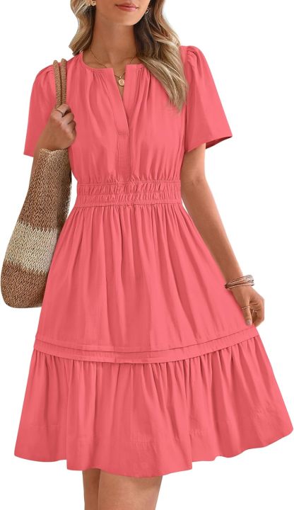 Women's Casual V Neck  Sundress Smocked Waist A Line Tiered Mini Dress