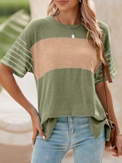 Womens Oversized Crewneck Casual Color Block Striped Shirts Blouses