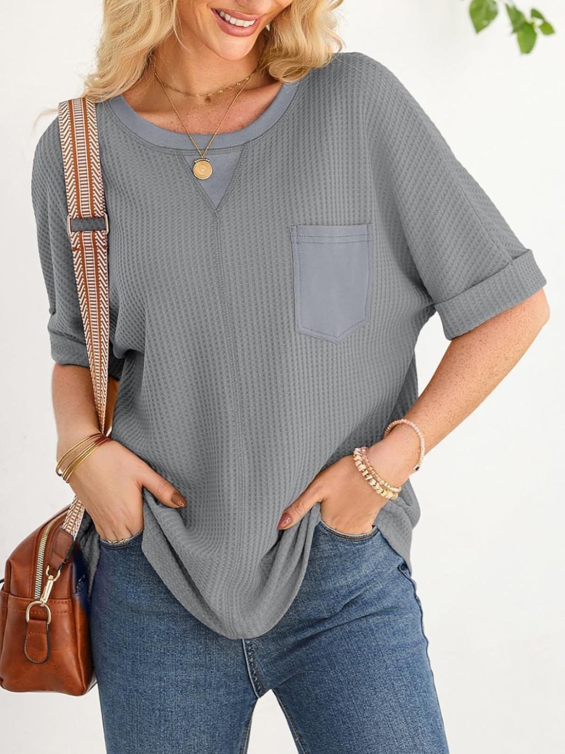 2025 Fashion Short Sleeve Crewneck Waffle Knit Oversized T-shirts