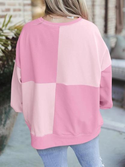 Women Color Block Round Neck Long Sleeve Plus Size Sweatshirt  