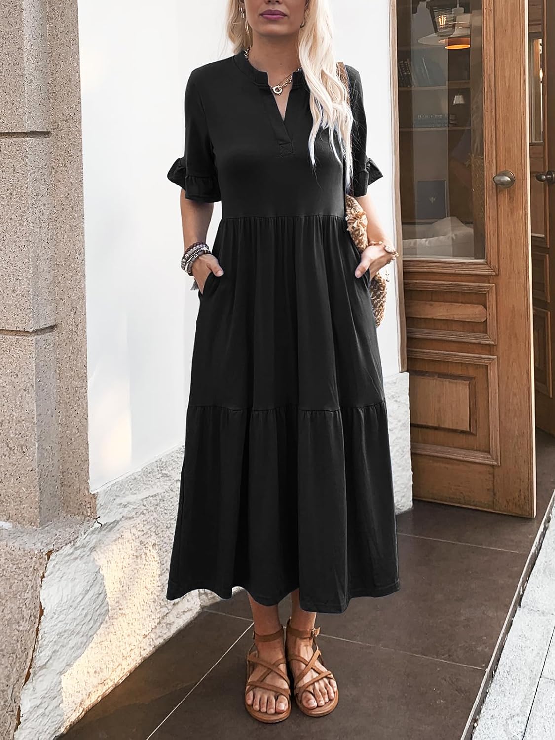 Women's V Neck Casual A Line Loose Tiered Long Dresses with Pockets