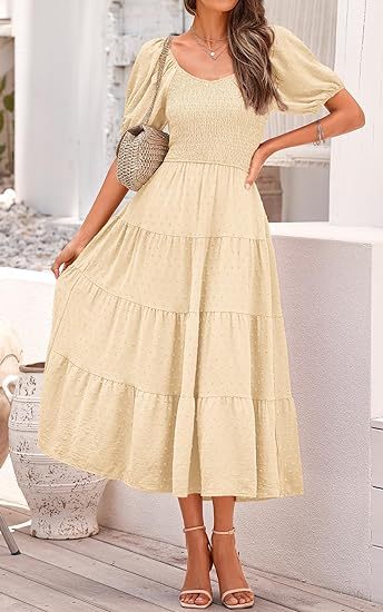 2024 🔥 Women's Puff Sleeve V Neck Maxi Dresses