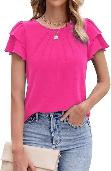 Women’s Casual Blouses Ruffle Short Sleeve T Shirts Pleated Crew Neck Tops