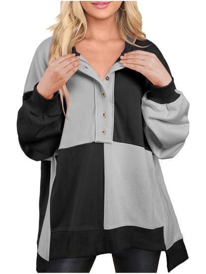 Women Color Block Round Neck Long Sleeve Plus Size Sweatshirt  