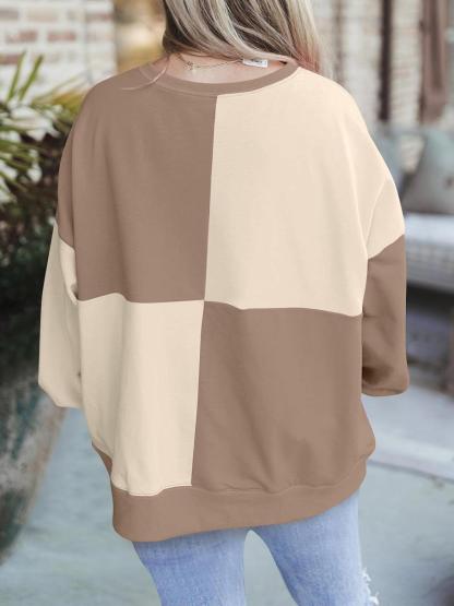 Women Color Block Round Neck Long Sleeve Plus Size Sweatshirt  