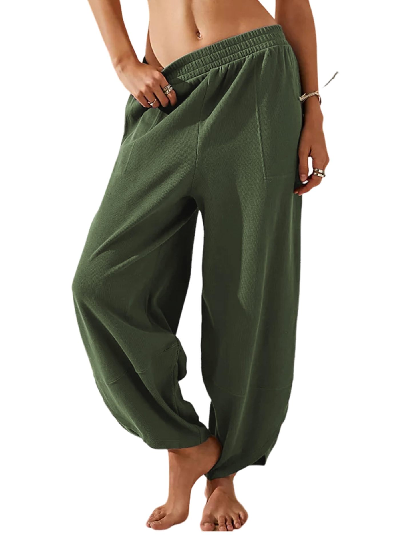 Womens Casual Elastic Waisted Baggy Wide Leg Pants