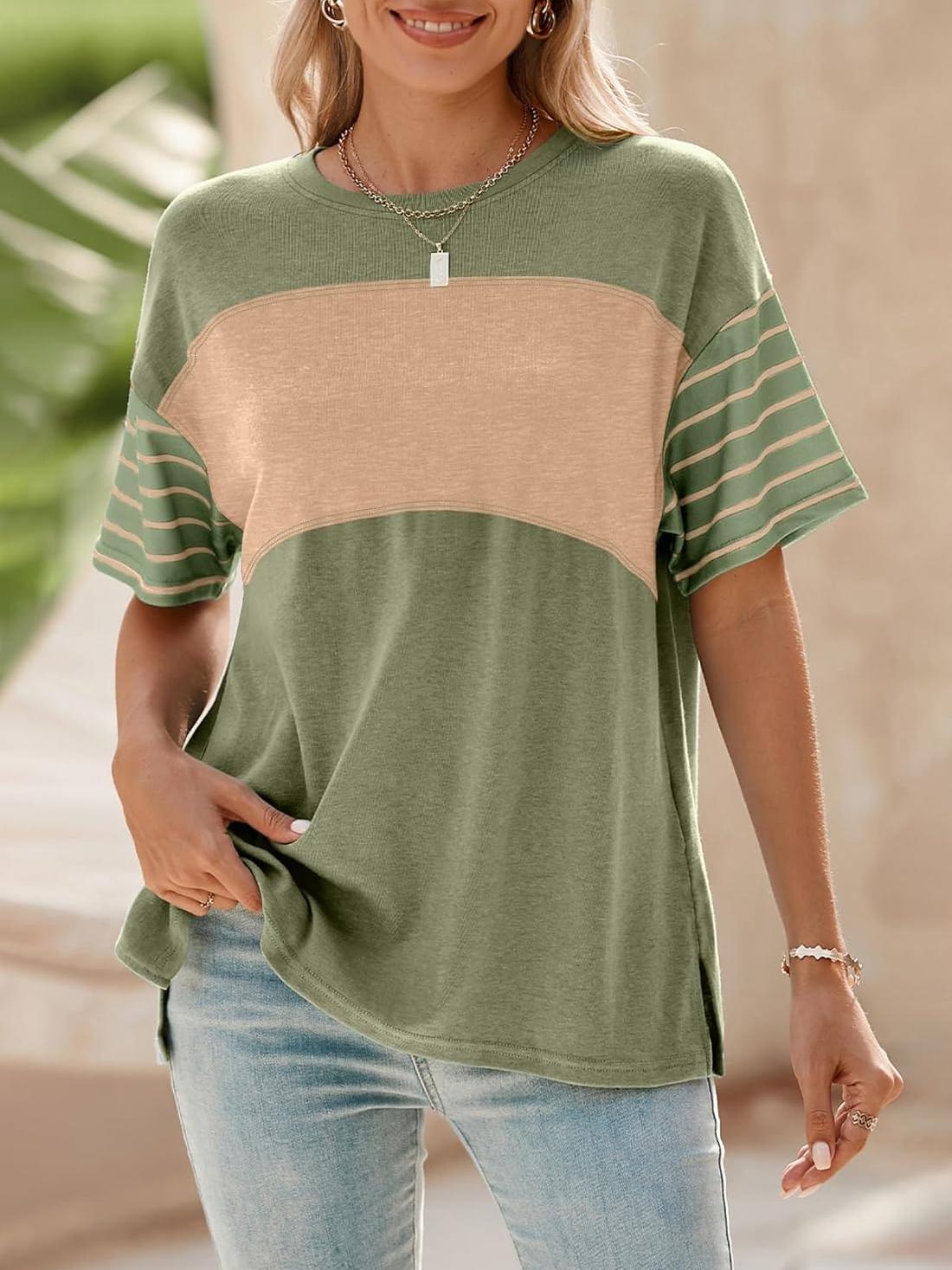 Womens Oversized Crewneck Casual Color Block Striped Shirts Blouses