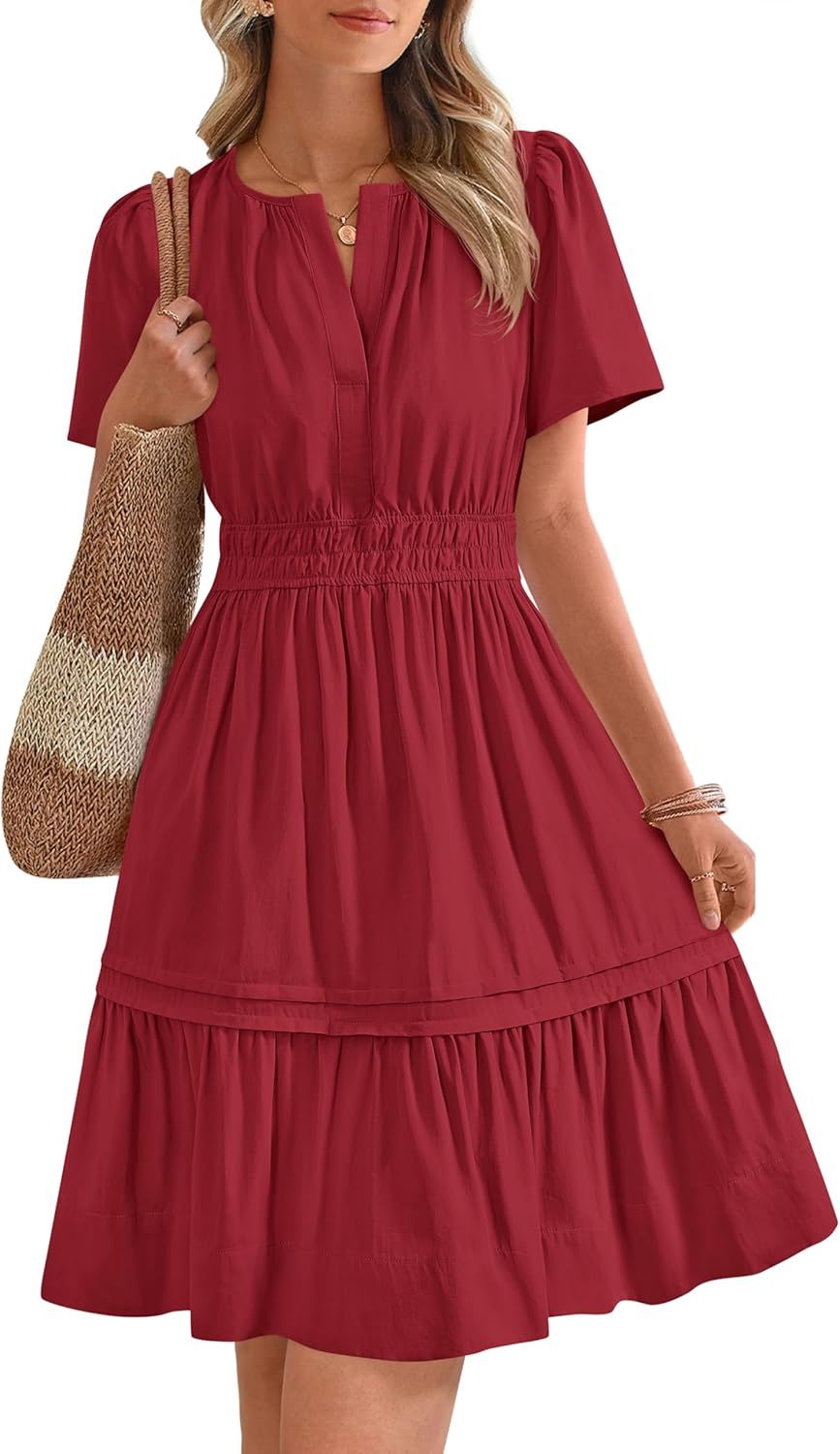 Women's Casual V Neck  Sundress Smocked Waist A Line Tiered Mini Dress