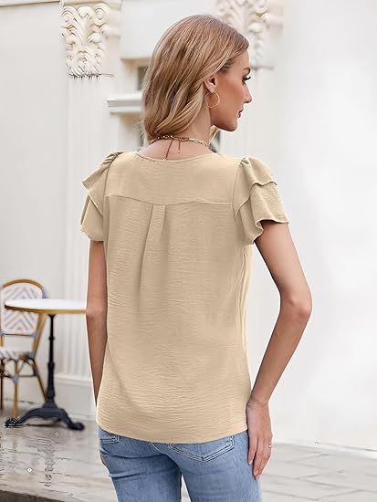Women’s Casual Blouses Ruffle Short Sleeve T Shirts Pleated Crew Neck Tops