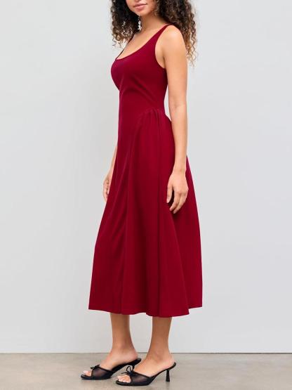 Woven Square Neck Solid Ruffle Midi Dress Curve