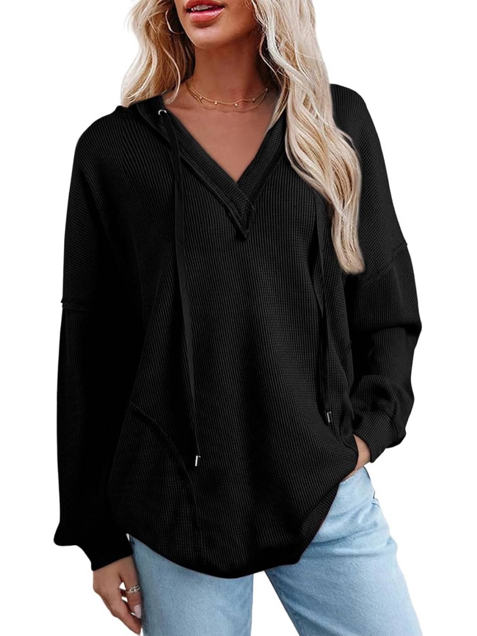Women Casual Long Sleeve V Neck Drawstring Waffle Knit Hoodies Oversized Sweatshirts