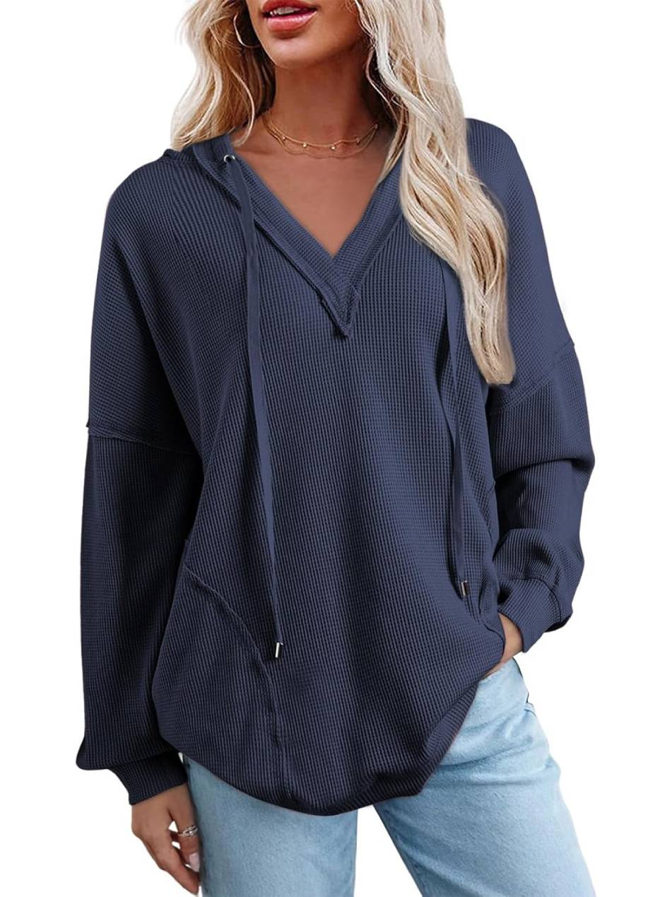 Women Casual Long Sleeve V Neck Drawstring Waffle Knit Hoodies Oversized Sweatshirts
