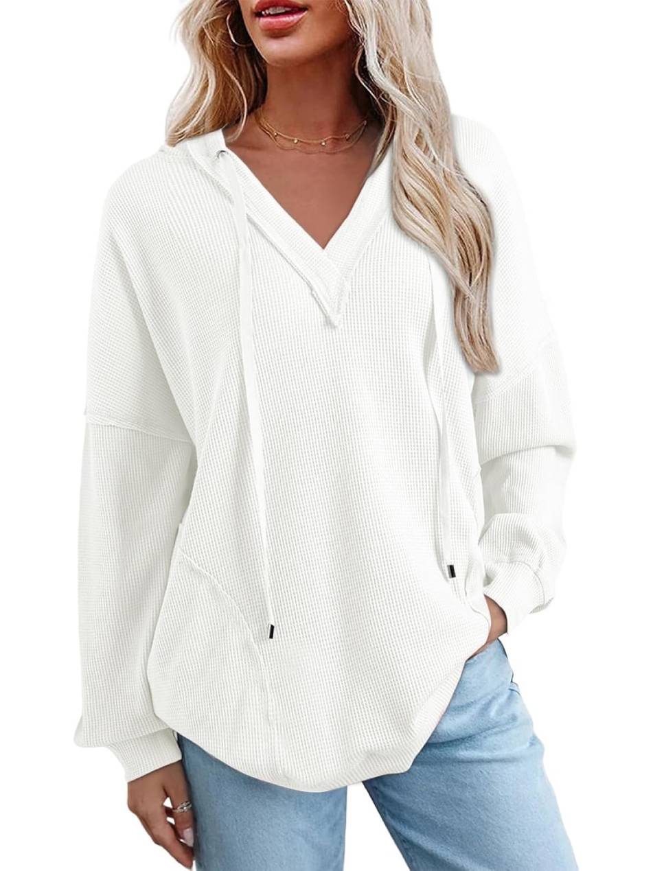 Women Casual Long Sleeve V Neck Drawstring Waffle Knit Hoodies Oversized Sweatshirts