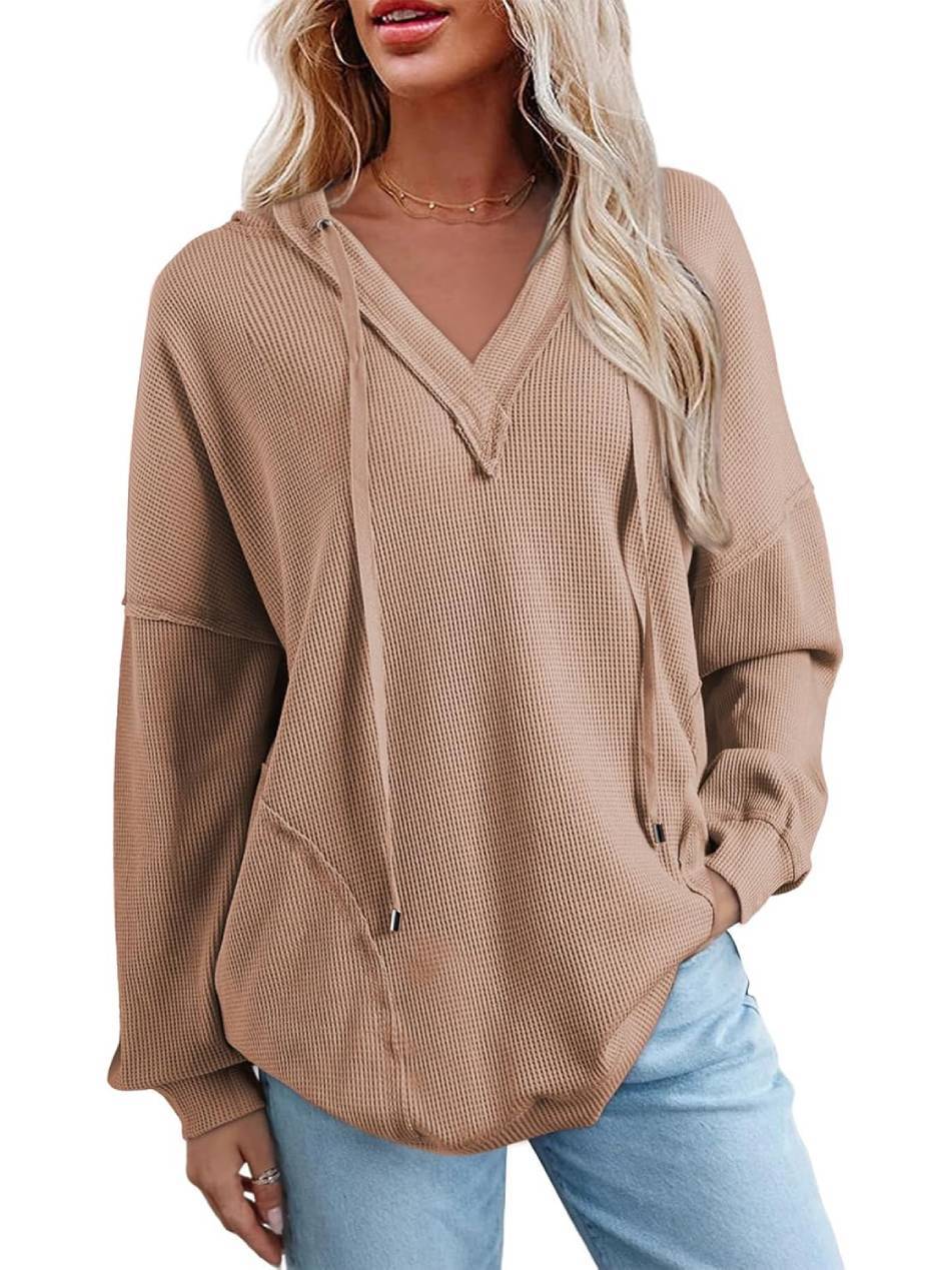 Women Casual Long Sleeve V Neck Drawstring Waffle Knit Hoodies Oversized Sweatshirts