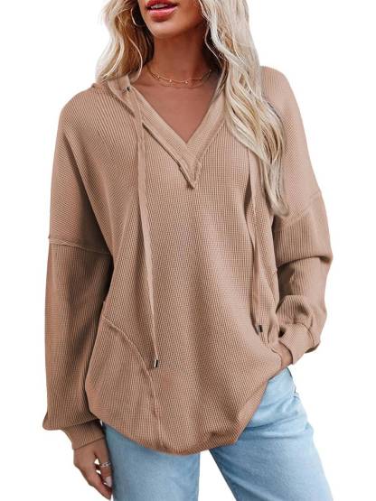 Women Casual Long Sleeve V Neck Drawstring Waffle Knit Hoodies Oversized Sweatshirts