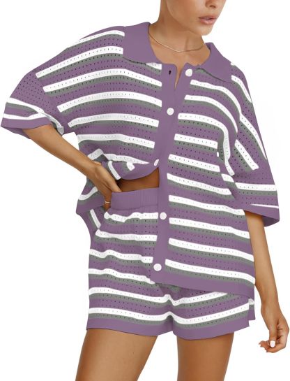 Womens Striped Knit Button Top and Shorts Matching Sets (⏰30% OFF TODAY)