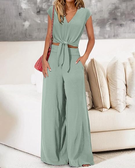 🔥🔥 2024 Women's Summer Cap Sleeve V Neck Drawstring Cropped Top Wide Leg Pants Suit