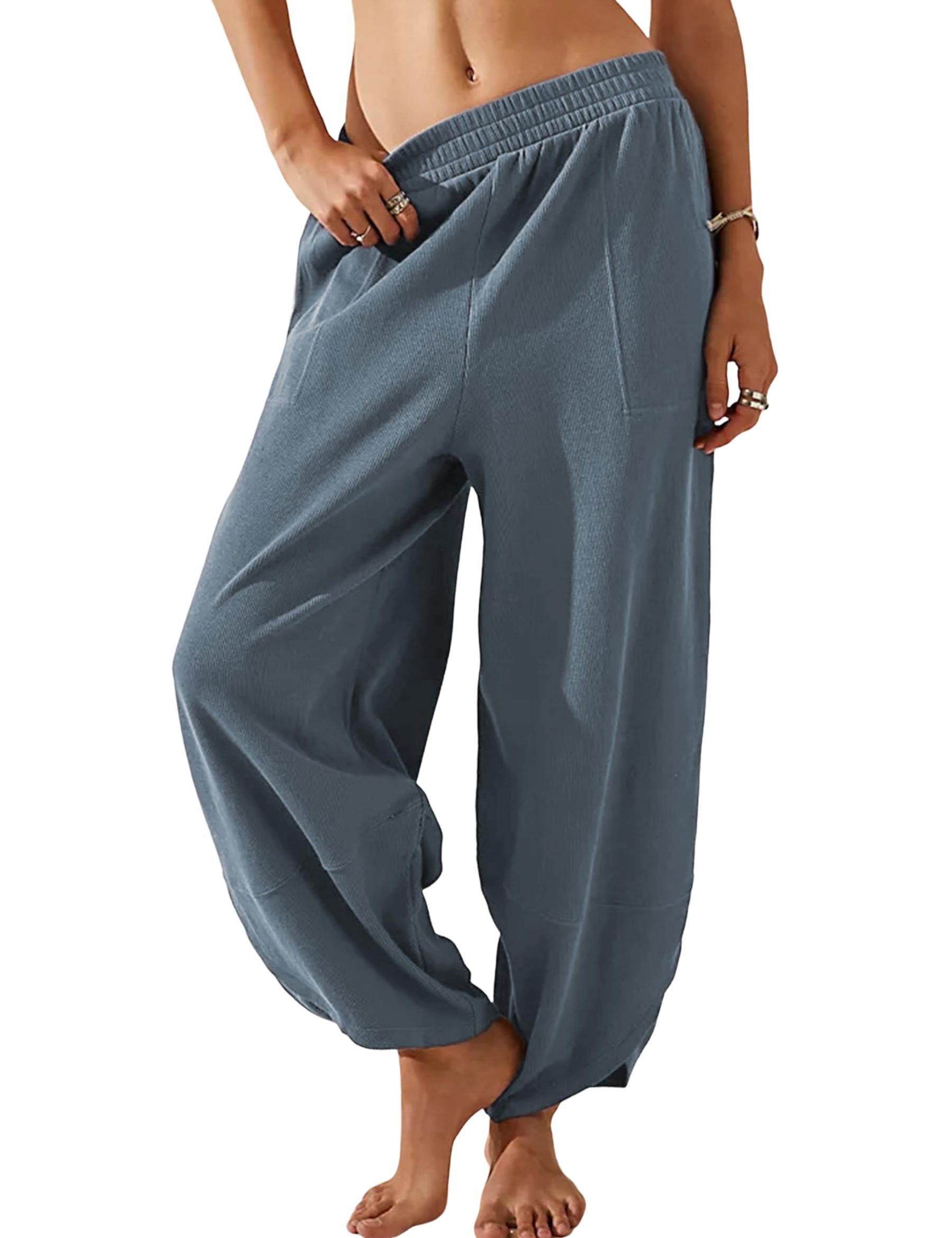 Womens Casual Elastic Waisted Baggy Wide Leg Pants