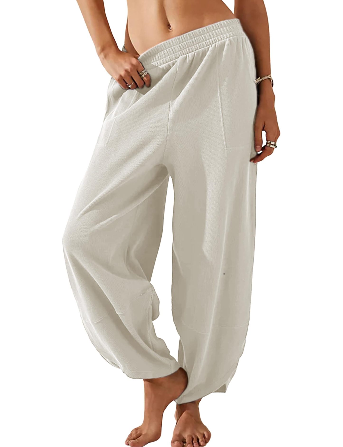 Womens Casual Elastic Waisted Baggy Wide Leg Pants