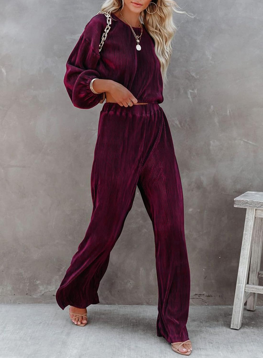  Women Crewneck Long Sleeve Crop Tops and Wide Leg Pants Sets