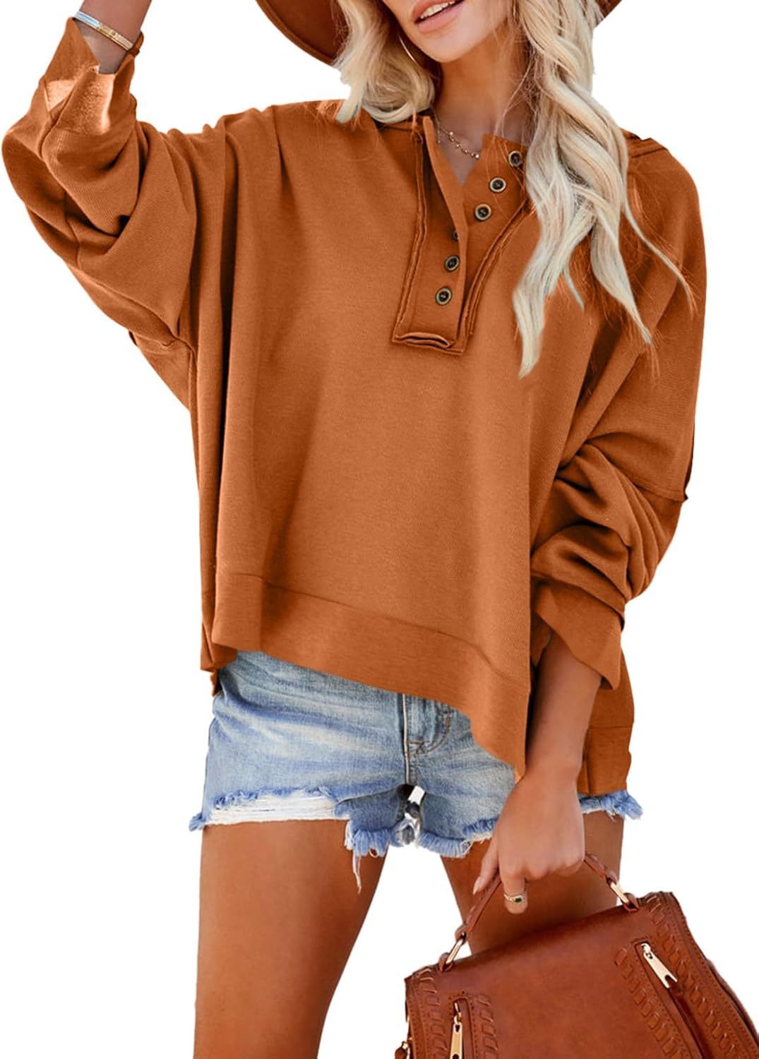 2024 Fashion Fall V Neck Button Down Long Sleeve Hooded Sweatshirts Tops