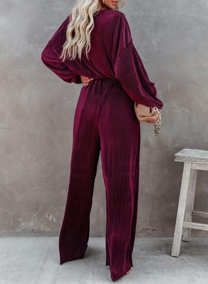  Women Crewneck Long Sleeve Crop Tops and Wide Leg Pants Sets