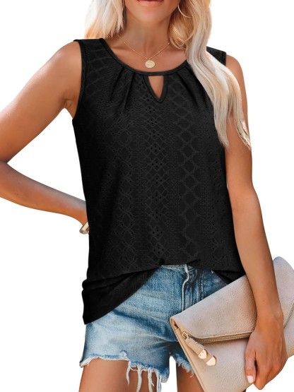 Women's Keyhole Neck Trendy Sleeveless Pleated Tank Tops