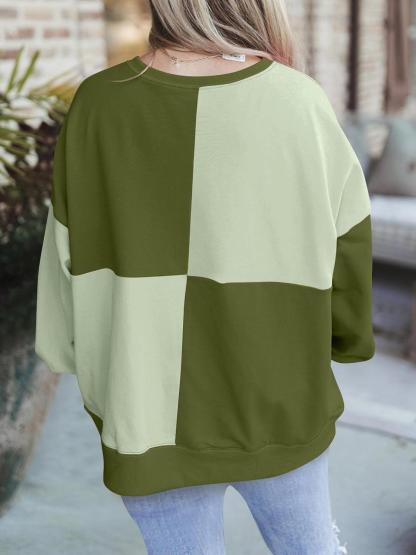 Women Color Block Round Neck Long Sleeve Plus Size Sweatshirt  