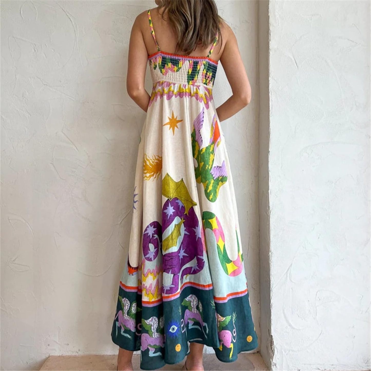 Women Boho Beach Spaghetti Strap Flowy Dress