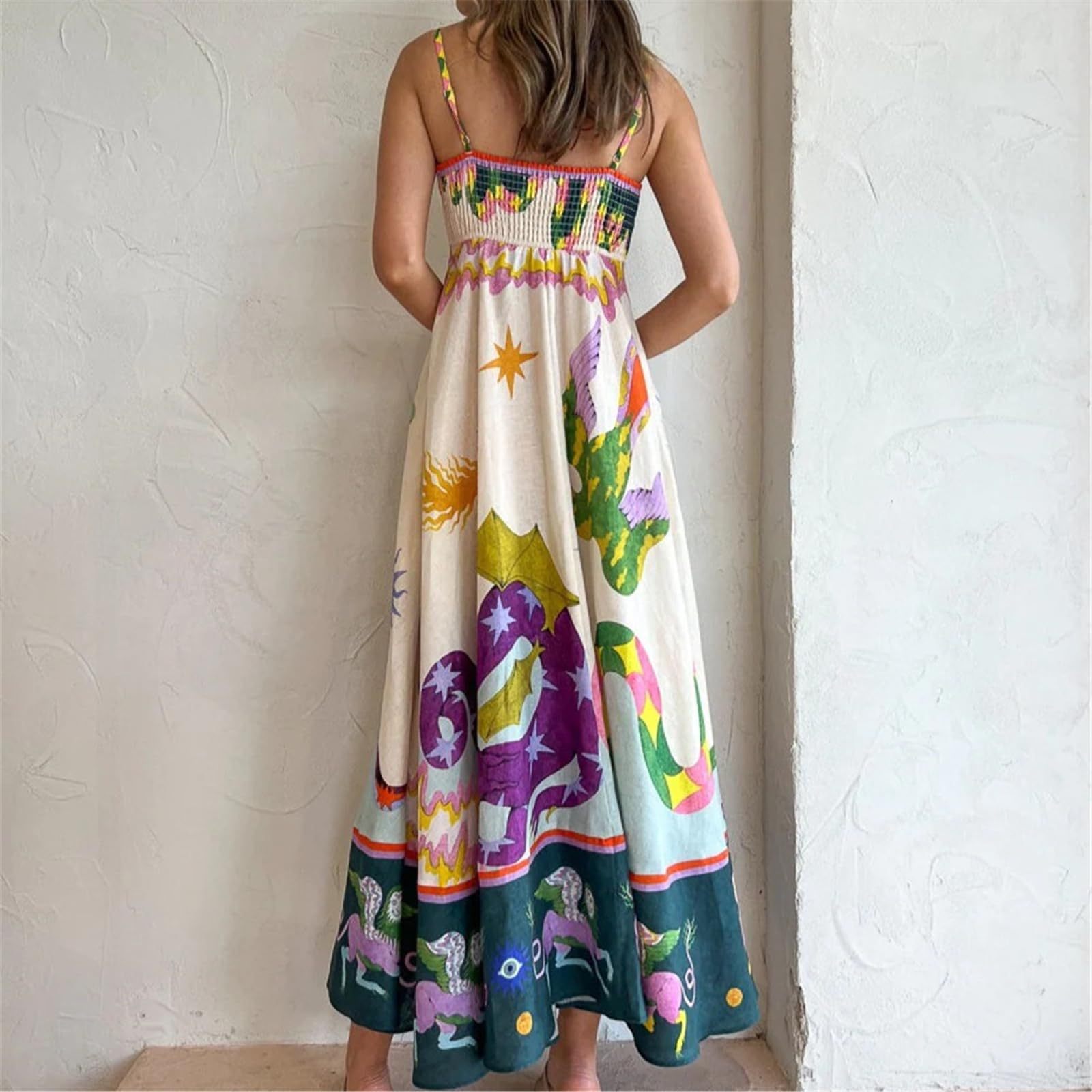 Women Boho Beach Spaghetti Strap Flowy Dress