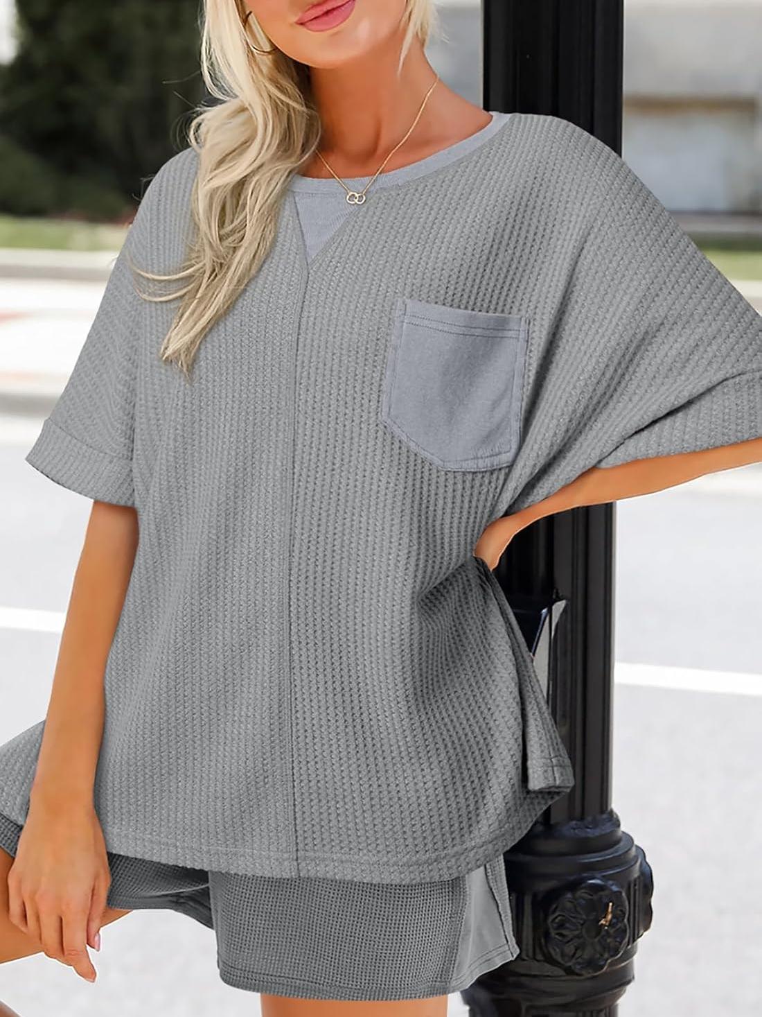 2025 Fashion Short Sleeve Crewneck Waffle Knit Oversized T-shirts