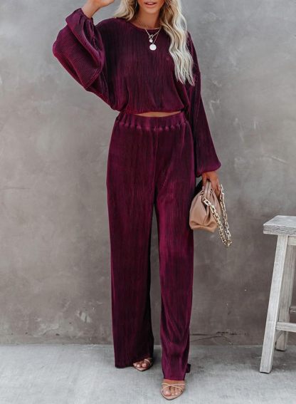  Women Crewneck Long Sleeve Crop Tops and Wide Leg Pants Sets