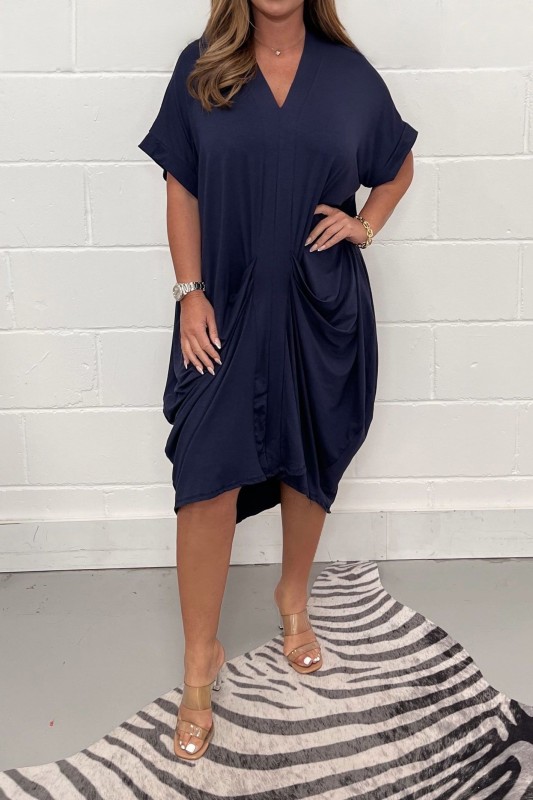 Oversized Draped V-Neck Short Sleeve Dress