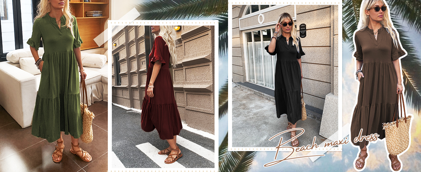 Short Sleeves Maxi Dress for Women A Line Summer Dress V Neck Casual Loose Tiered Long Dresses