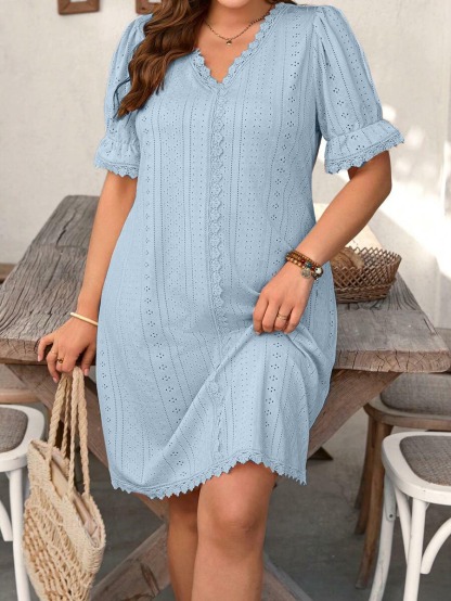 Womens Casual V Neck Contrast Lace Dress