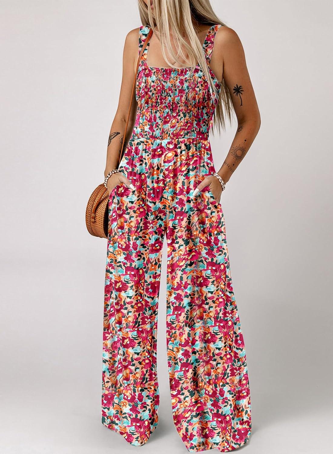 ⏰Hot Sale-Womens Overalls Casual Floral Print Sleeveless Jumpsuit with Pockets