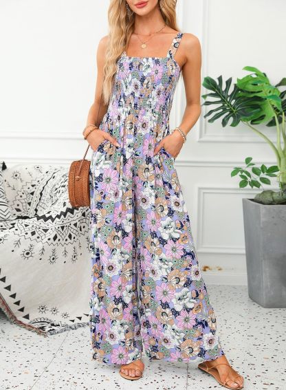 Womens Overalls Casual Floral Print Sleeveless Jumpsuit with Pockets