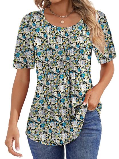 Women Summer Pleated Short Sleeve Tunic Blouses Shirts